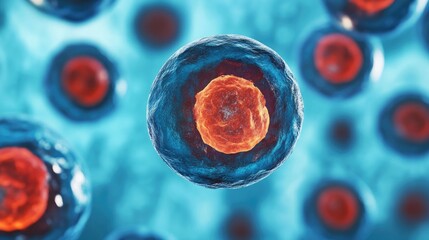 Close up of cells under a microscope on a blue background