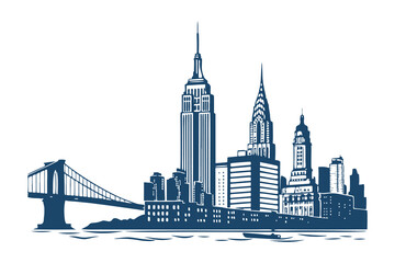New York City skyline silhouette vector clipart isolated illustration, iconic NYC landmarks outline, perfect for design, print, and digital projects