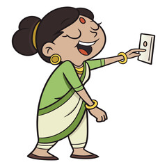 Cartoon woman in sari turning on light switch illustration