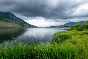 Obraz premium Calm lake reflects darkening sky as tranquility holds before the storm, tranquility found in green shorelines, still water, and natural symmetry under looming clouds.