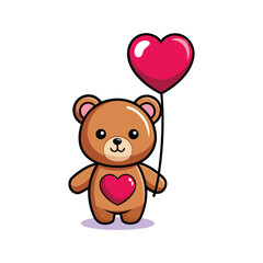 Flat and Minimal Teddy Bear Holding Heart Balloon icon vector illustration isolated on white background