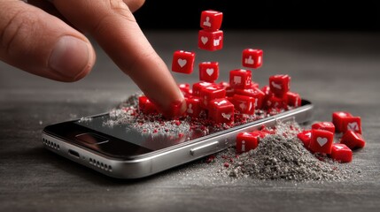 Hand pressing smartphone with red pushpins scattered around, modern workspace setup, highlighting organization and planning.