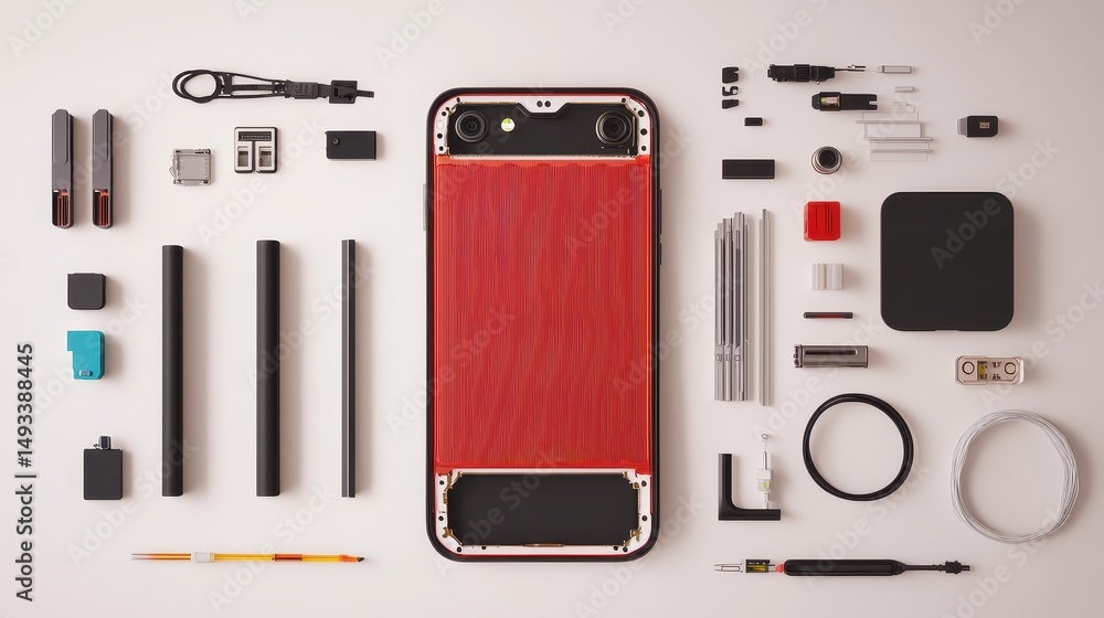 Poster flat lay of smartphone disassembled with various components and accessories on neutral background