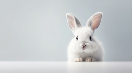 Obraz premium cute animal pet rabbit or bunny white color smiling and laughing isolated with copy space for easter background, rabbit, animal, pet, cute, fur, ear, mammal, background, celebration, generate by AI