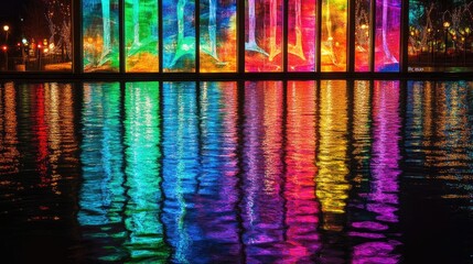Colorful lights reflecting on water at night create a vibrant scene