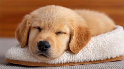 Golden Retriever Puppy Napping Comfortably on a Soft Slipper in a Cozy Indoor Setting