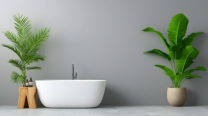 Fototapeta premium Elegant minimalist bathroom with freestanding tub and city view