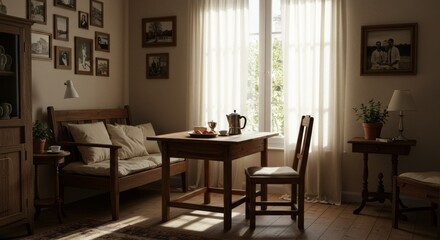Fototapeta premium Cozy rustic living room with warm natural light and vintage decor