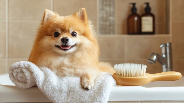 Happy Pomeranian Dog Relaxing on Towel Next to Brush in Cozy Bathroom Setting with Natural Light