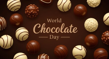 Fototapeta premium Assorted chocolate truffles arranged on a dark background with the text 