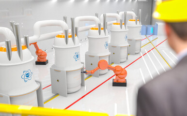 concept of a SMR small modular nuclear reactor power plant on a sunny day. SMR is a future energy concept. 3d rendering.