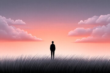 a watercolor portrait of a solitary figure standing with a whistle under a cloudy sky