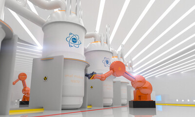 concept of a SMR small modular nuclear reactor power plant on a sunny day. SMR is a future energy concept. 3d rendering.