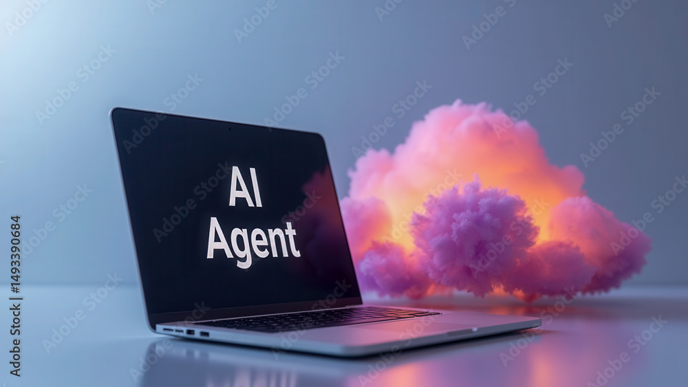 Poster modern laptop displaying ai agent text with colorful cloud background