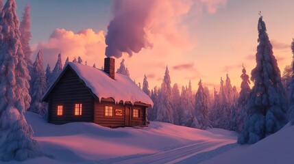 wooden house in winter forest
