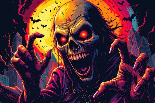 a vibrant, comic book horror poster style with bold colors, dynamic angles, and sharp lighting effects emphasizing the gothic terror theme.