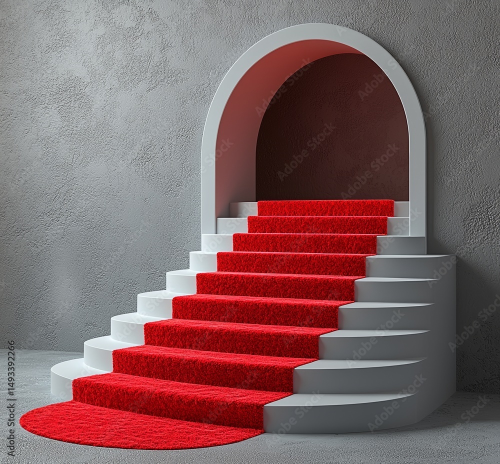 Poster a modern setting featuring a round podium and red carpet, accompanied by a dramatic lighting effect 