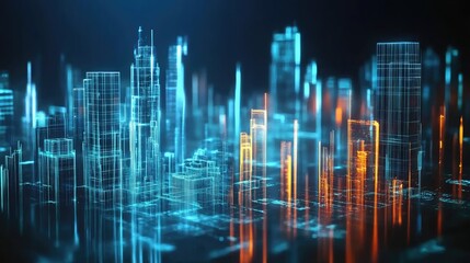 Abstract futuristic cityscape with glowing blue and orange lines