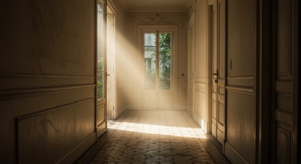 Sunlight Streaming Into a Vintage Interior Hallway with Classic Design Elements
