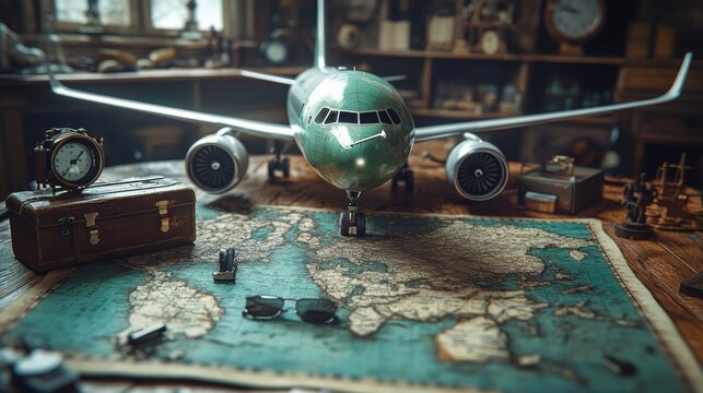 Exploring travel themes with a model airplane on a vintage map in a cozy workshop environment