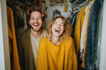 A happy couple laughs together in their closet, surrounded by colorful clothes and warm feelings.