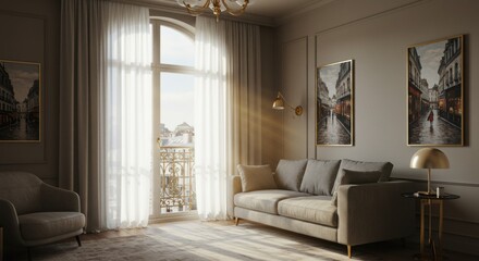 Elegant living room illuminated by natural light with contemporary decor and serene atmosphere
