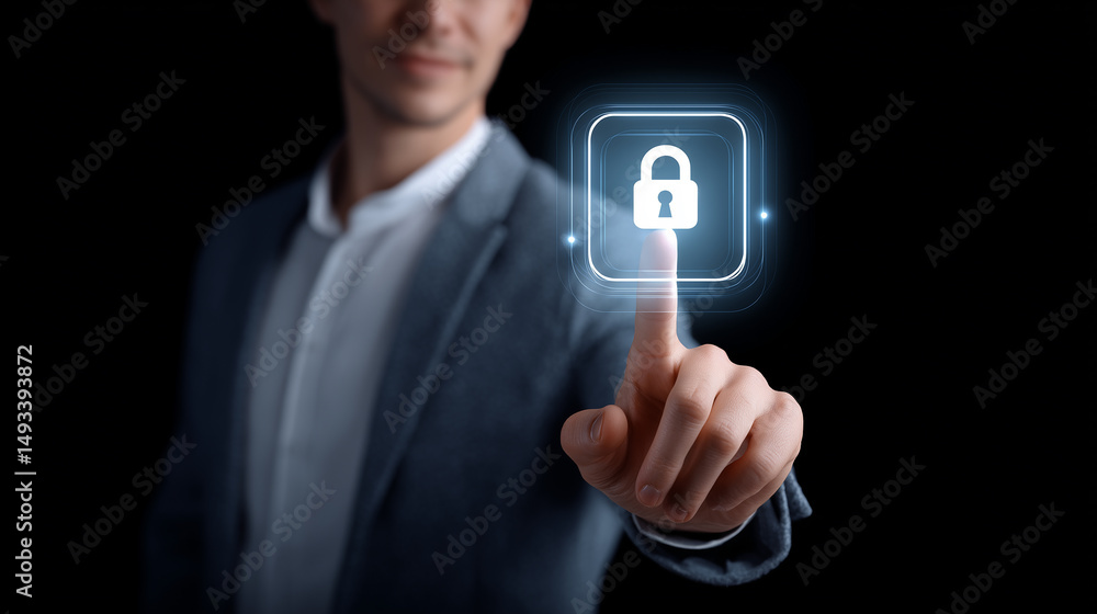 Poster businessman using touchscreen technology to unlock digital security concept with lock icon in futuri