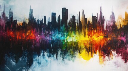 Abstract cityscape painting with vibrant colors on white background