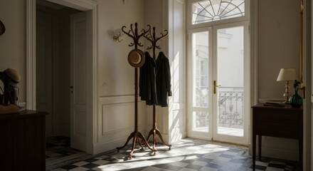 Elegant interior with classic decor featuring a coat stand and a balcony door