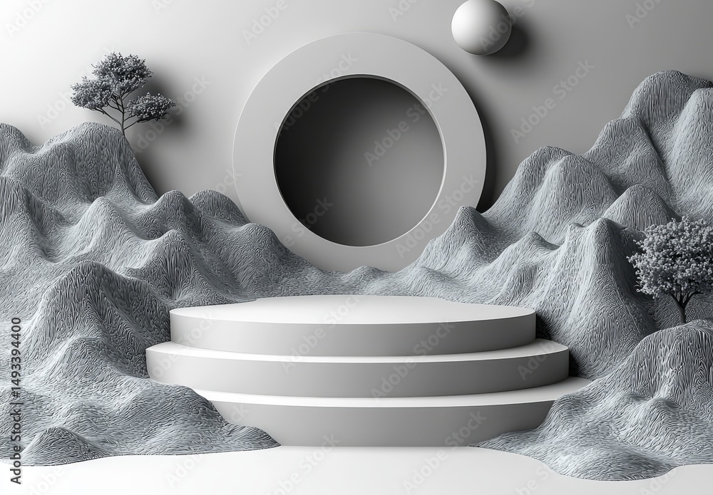 Poster a 3d display product features an abstract minimal scene with a geometric podium platform set against