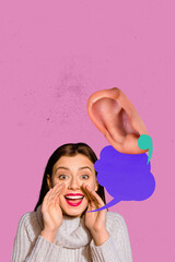 Image poster collage of person say speech bubble listen ear on pink color background