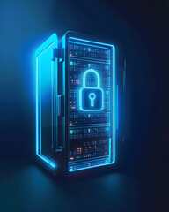 Data security event advanced locking mechanism server room digital art futuristic environment side view technology concept