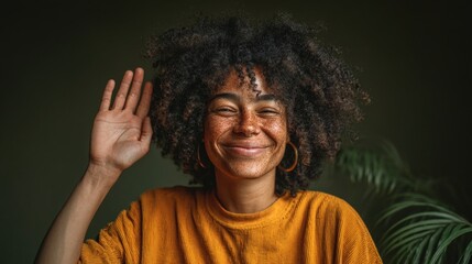 Joyful Woman with Freckles Raising Hand in a Friendly Gesture