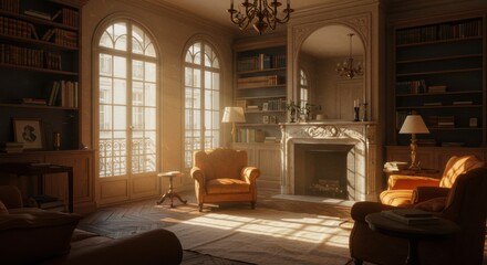 Elegant vintage living room illuminated by warm sunlight through large arched windows with classic decor and plush seating