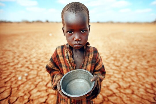 Young child in tattered clothes holds empty bowl in cracked dry earth, hunger defines the scene, hunger reflects global inequality and urgent need for aid.