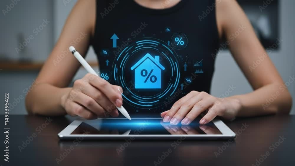 Aufkleber a person is focused on creating property listings using a tablet and stylus. the workspace features 