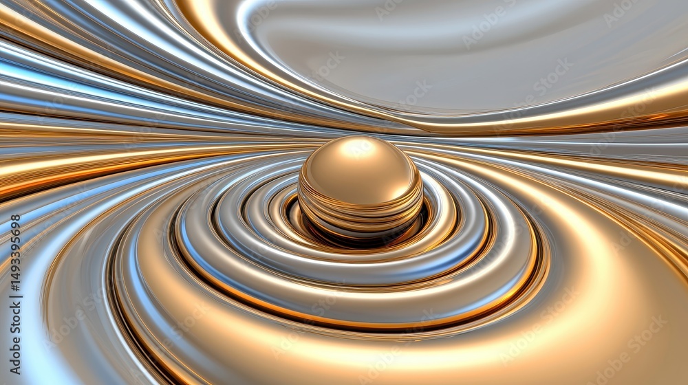 Poster abstract swirling pattern with golden sphere in reflective silver and gold waves of movement and flo