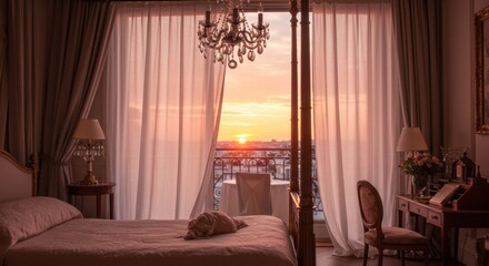 Elegant bedroom with sunset view through large windows featuring luxurious drapes and vintage decor