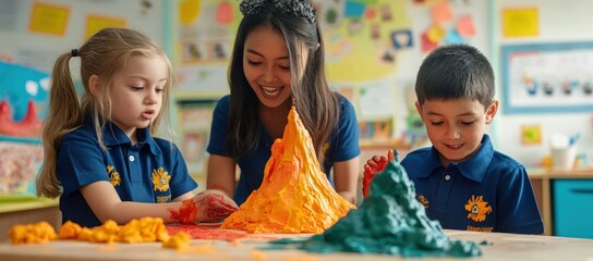 Preschoolers learning and playing with playdough