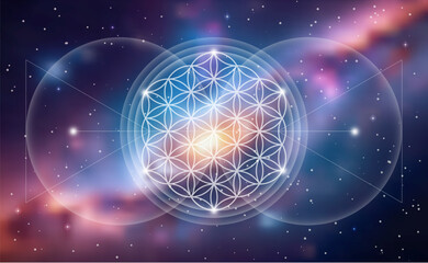 Flower of Life, Yantra Mandala, glowing seed of life, Sacred Geometry, symbol of harmony and balance. Mystical circles in the infinity outer space, colorful nebula galaxy background