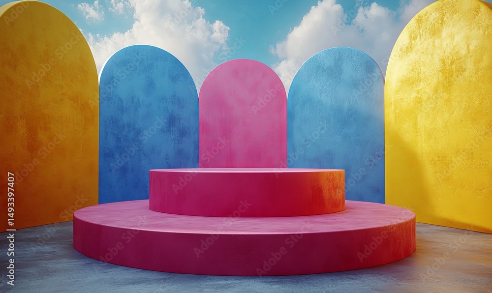 Aufkleber a 3d podium set against a pastel background with abstract geometric shapes is ideal for displaying k