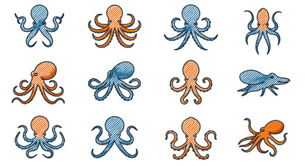 Twelve stylized octopuses in blue and orange with crosshatch fill