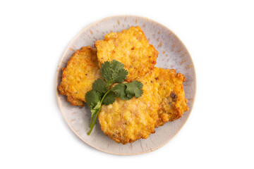 Fried crispy Chicken pancakes isolated on white. top view, flat lay
