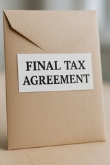 partnership tax deal concept. Envelope labeled "Final Tax Agreement" on a wooden surface.
