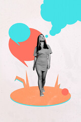 Pop 3d image poster art collage of happy girl stand colorful icon bubble communication chat...