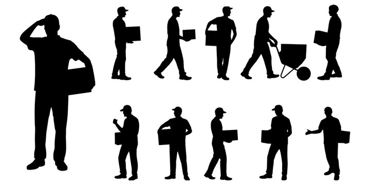 Delivery man holding boxes with a clipboard, Delivery man with a package, Male worker holding a cardboard box, Man with a cart for cargo