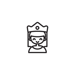 A simple line art icon of a smiling figure wearing a crown. Represents a queen, princess, or royalty in a minimalist style.