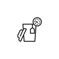 A line art icon of a teacup with a tea bag and a timer or clock, suggesting brewing time, tea preparation, or a timed infusion.