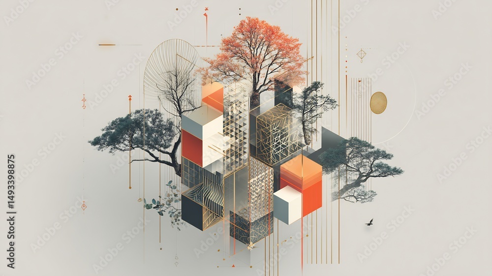 Poster elegant geometric abstraction featuring nature elements and architectural lines