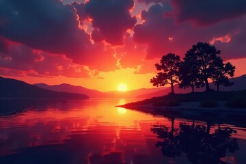 Fototapeta premium Silhouetted trees against fiery sunset sky over lake, sky, shape